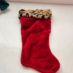 Red Faux Fur Christmas Stocking with Leopard Print Cuff